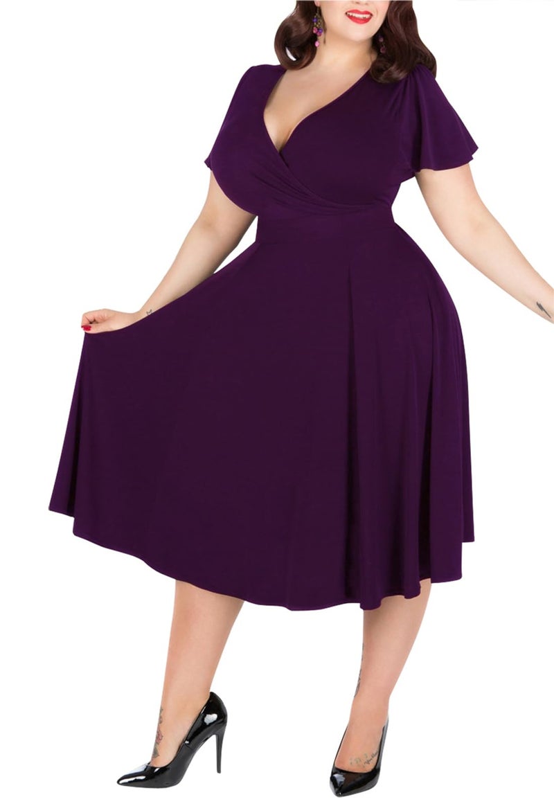 Nemidor Plus Size Dresses for Curvy Women Casual Summer V Neck Short Sleeve Midi Cocktail Vintage Dress with Pocket(073,14,133+Dark Purple) - Image 1